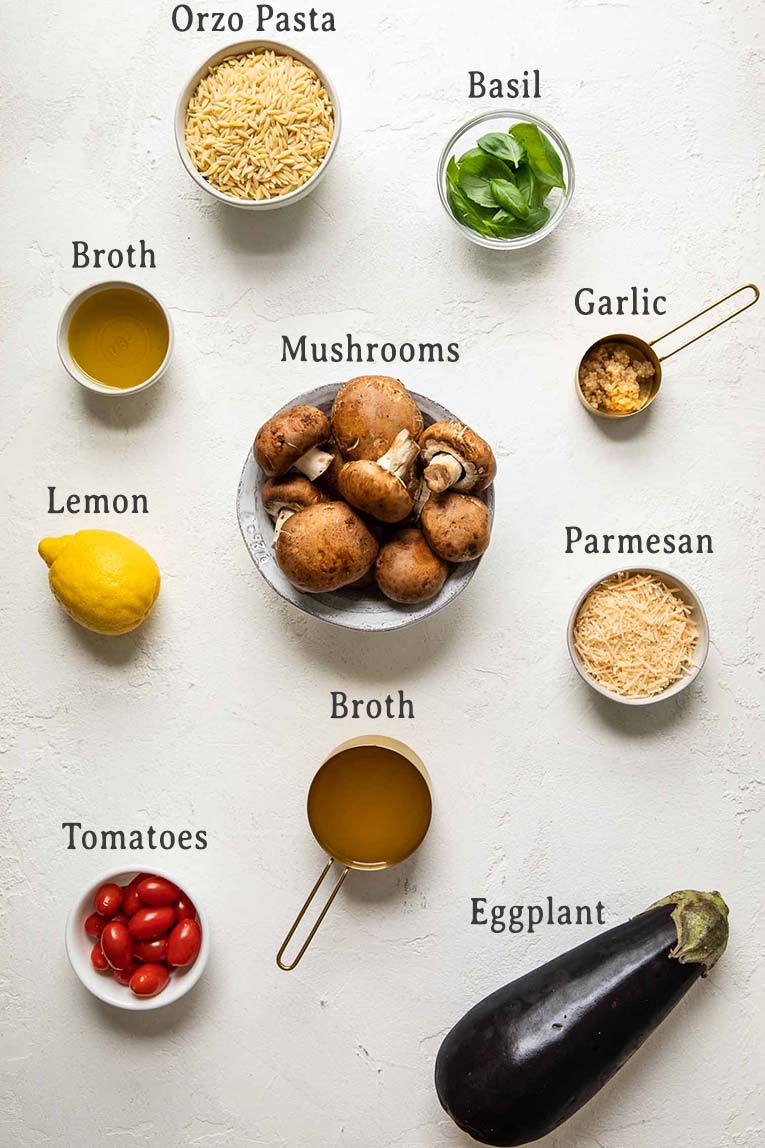 Ingredients for Lemon Garlic Eggplant Mushroom Orzo recipe.