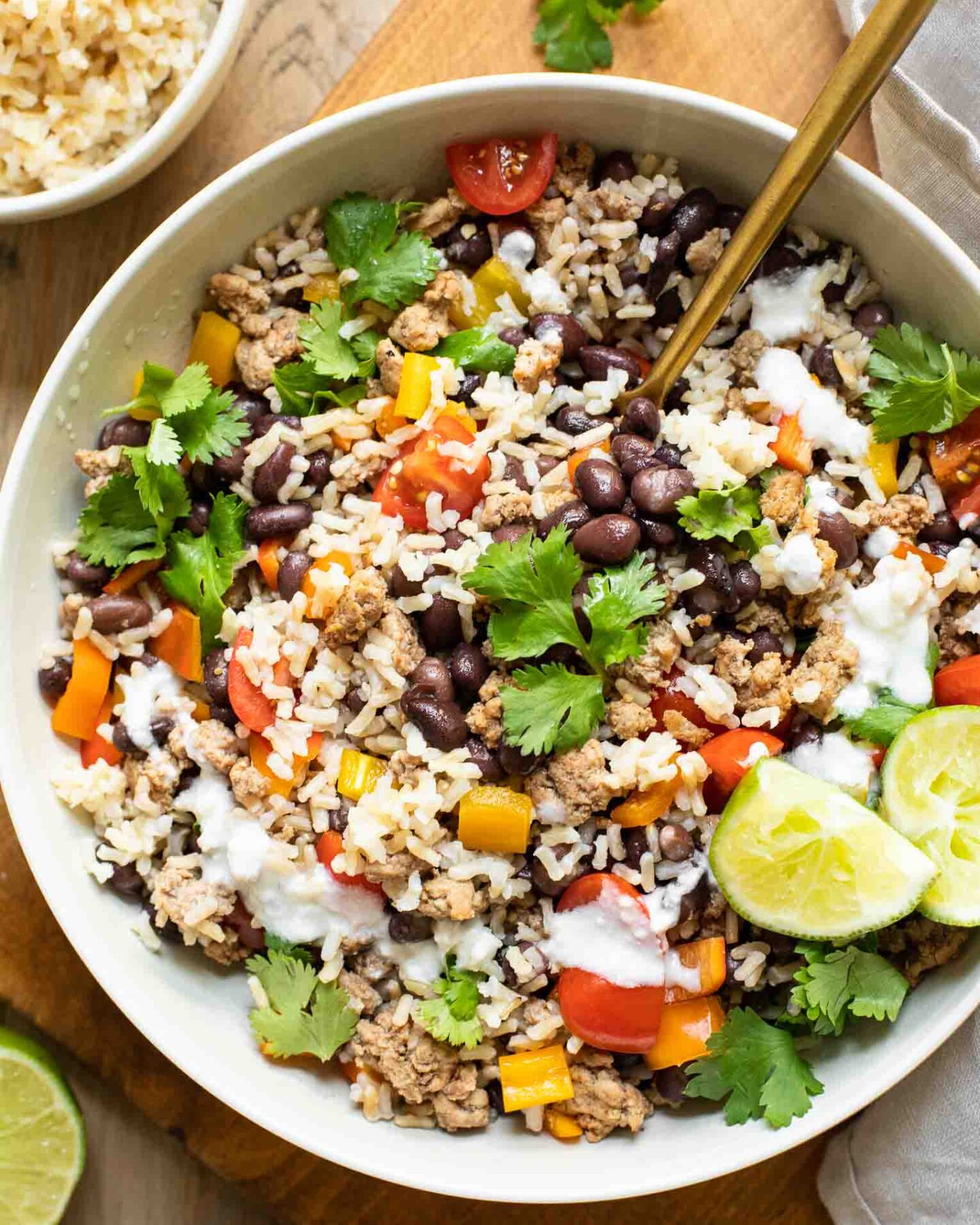Top shot of Taco bowl recipe in a large white bowl.
