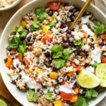 Top shot of Taco bowl recipe in a large white bowl.