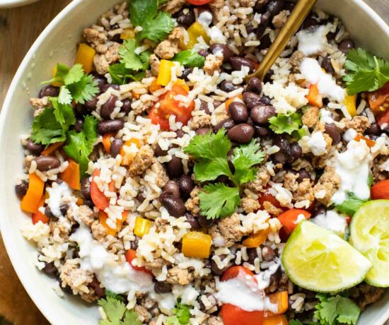 Top shot of Taco bowl recipe in a large white bowl.
