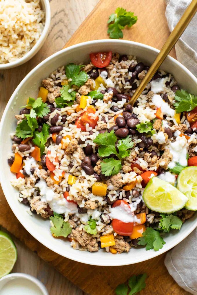Top shot of Taco bowl recipe in a large white bowl.