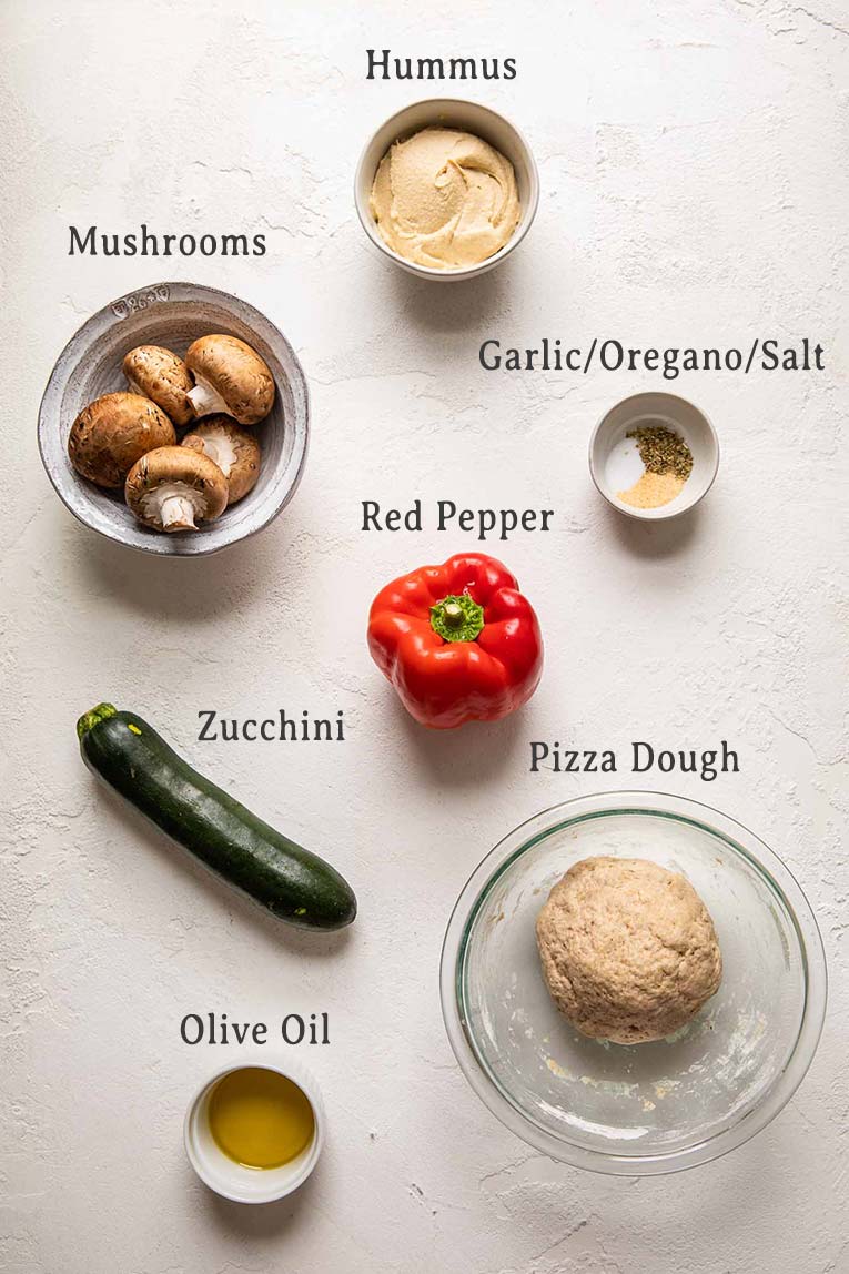 Ingredients for Vegan Red Pepper Hummus Pizza.