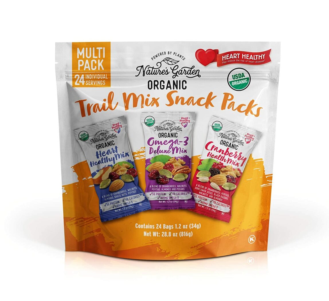 Organic trail mix packages in a large bag.