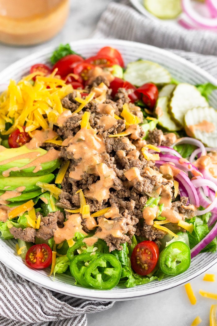Burger salad as a healthy ground beef recipe.