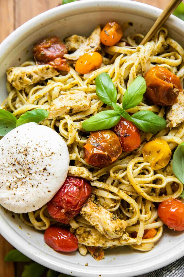 Top shot of Chicken Tomato Pesto Burrata Pasta.