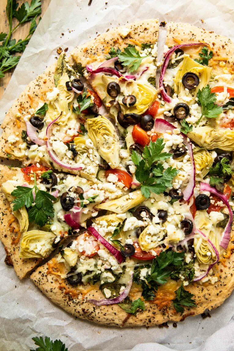 Top shot of mediterranean pizza recipe.