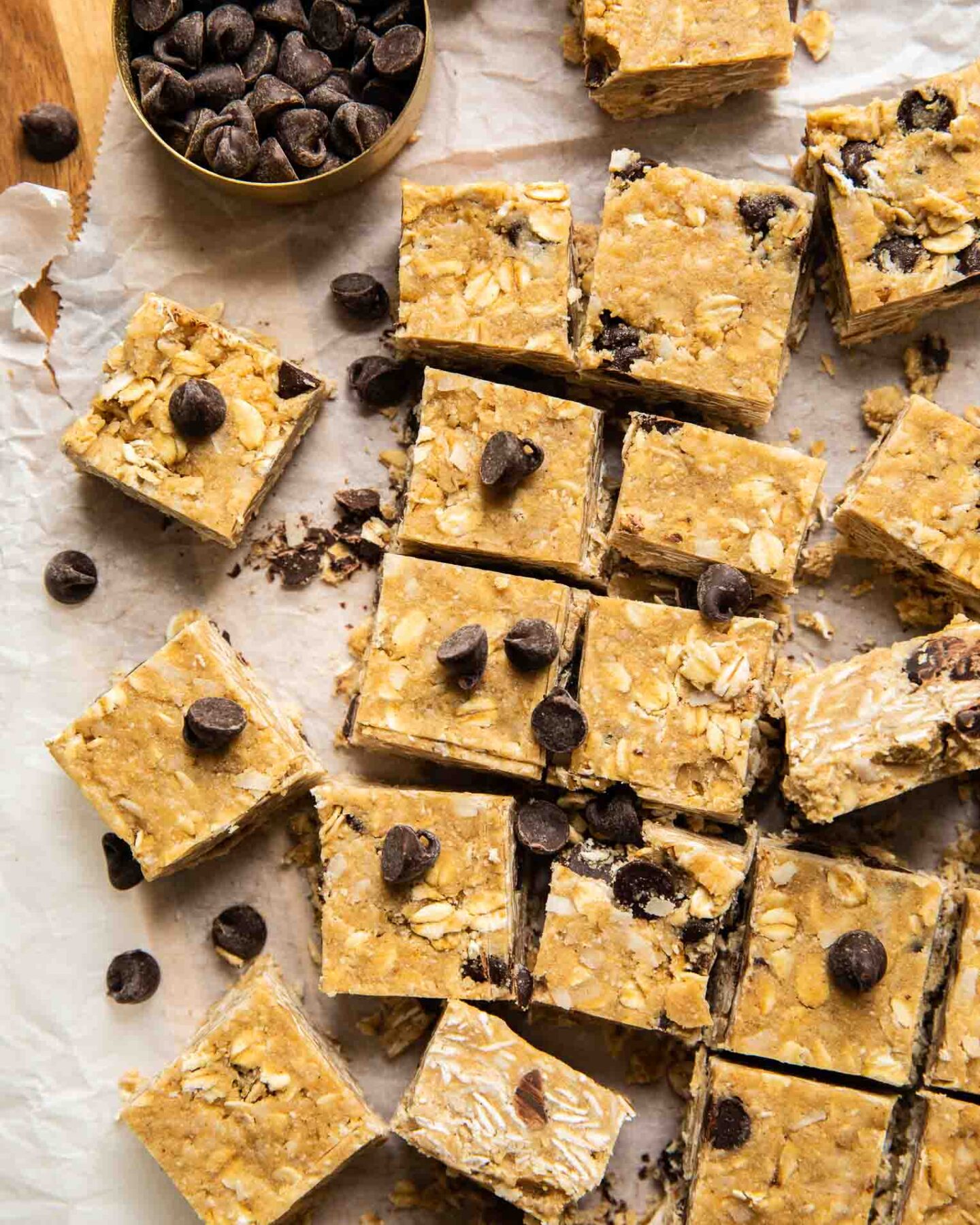 Heavenly hunks recipe cut into squares on parchment paper.