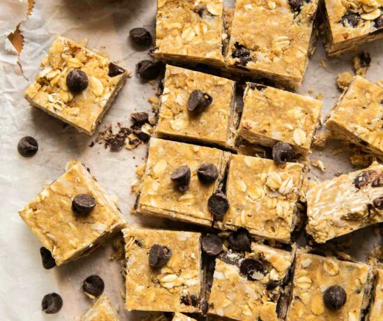 Heavenly hunks recipe cut into squares on parchment paper.