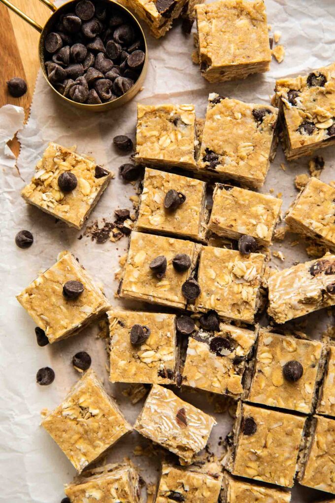 Heavenly hunks recipe cut into squares on parchment paper.