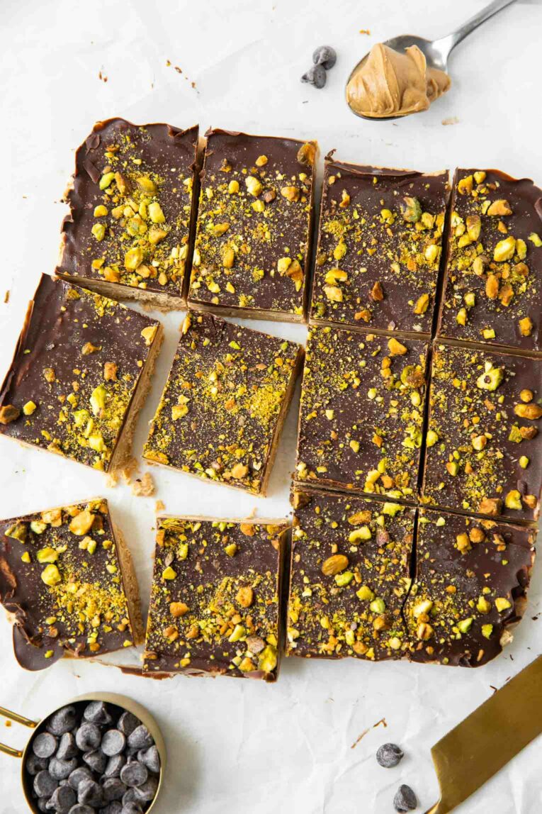 Top shot of Homemade Peanut Butter Protein Bars with peanut butter and chocolate chips.