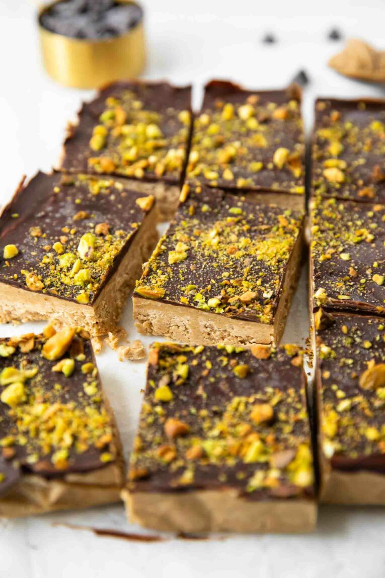 Angled shot of Homemade Peanut Butter Protein Bars.