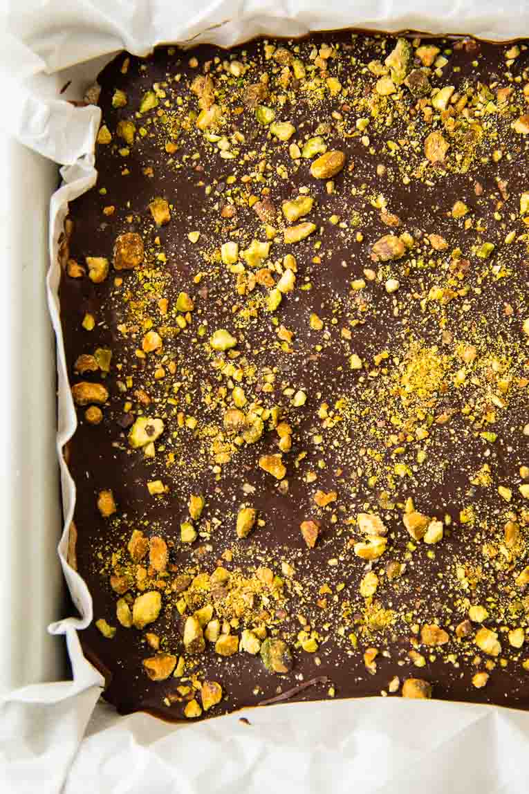 Homemade Peanut Butter Protein Bars in a baking pan.