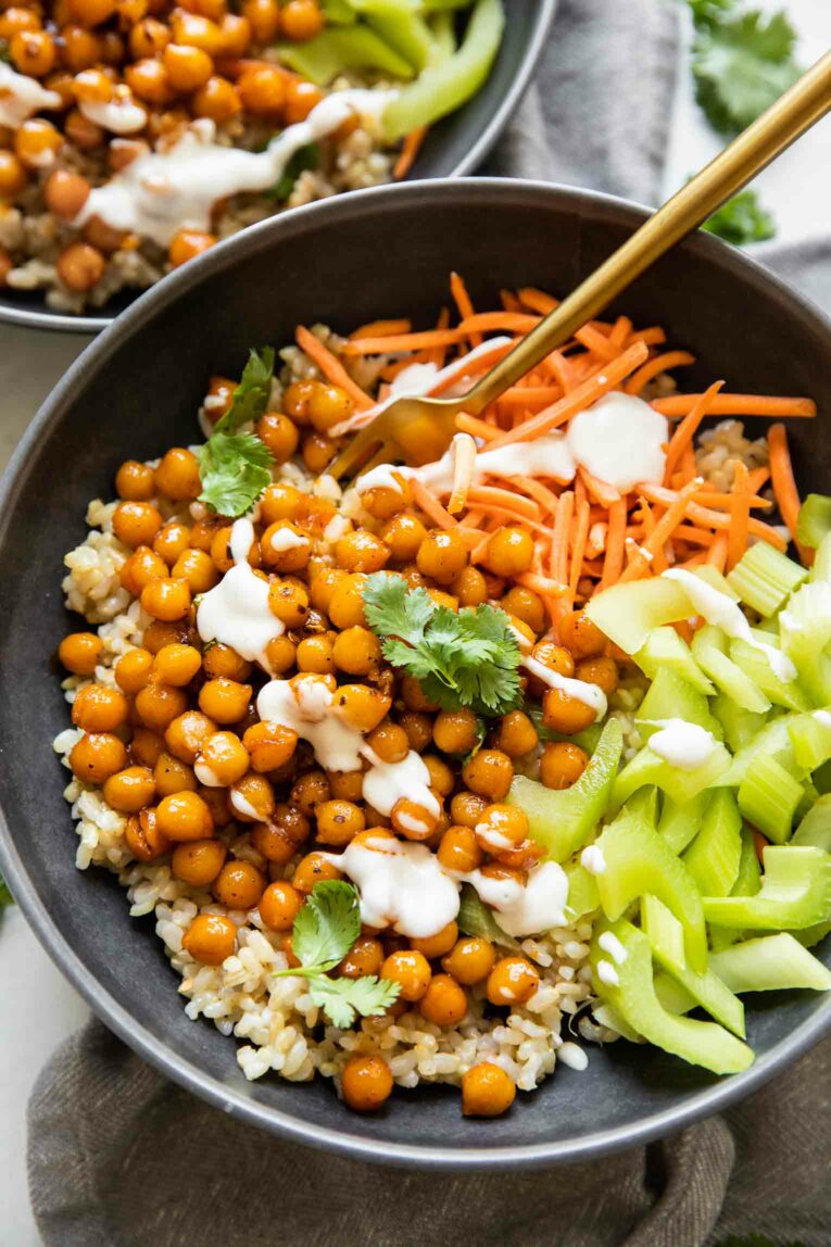 Top shot of Hot Honey Chickpea Bowls.
