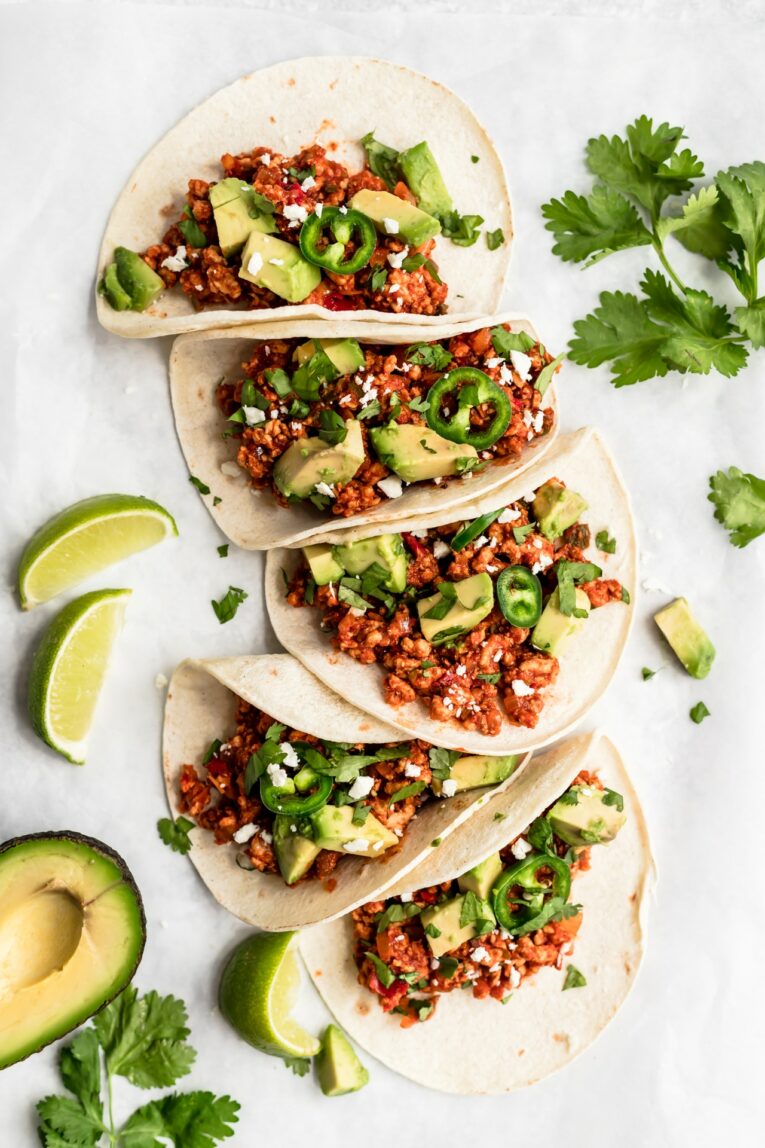 Mexican taco meat in corn tortillas.