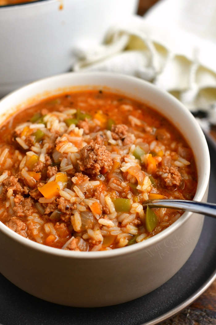 Stuffed pepper soup angled shot in a white bowl