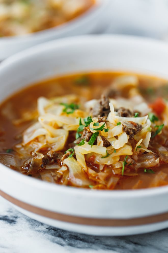 Keto Cabbage soup in a white bowl.