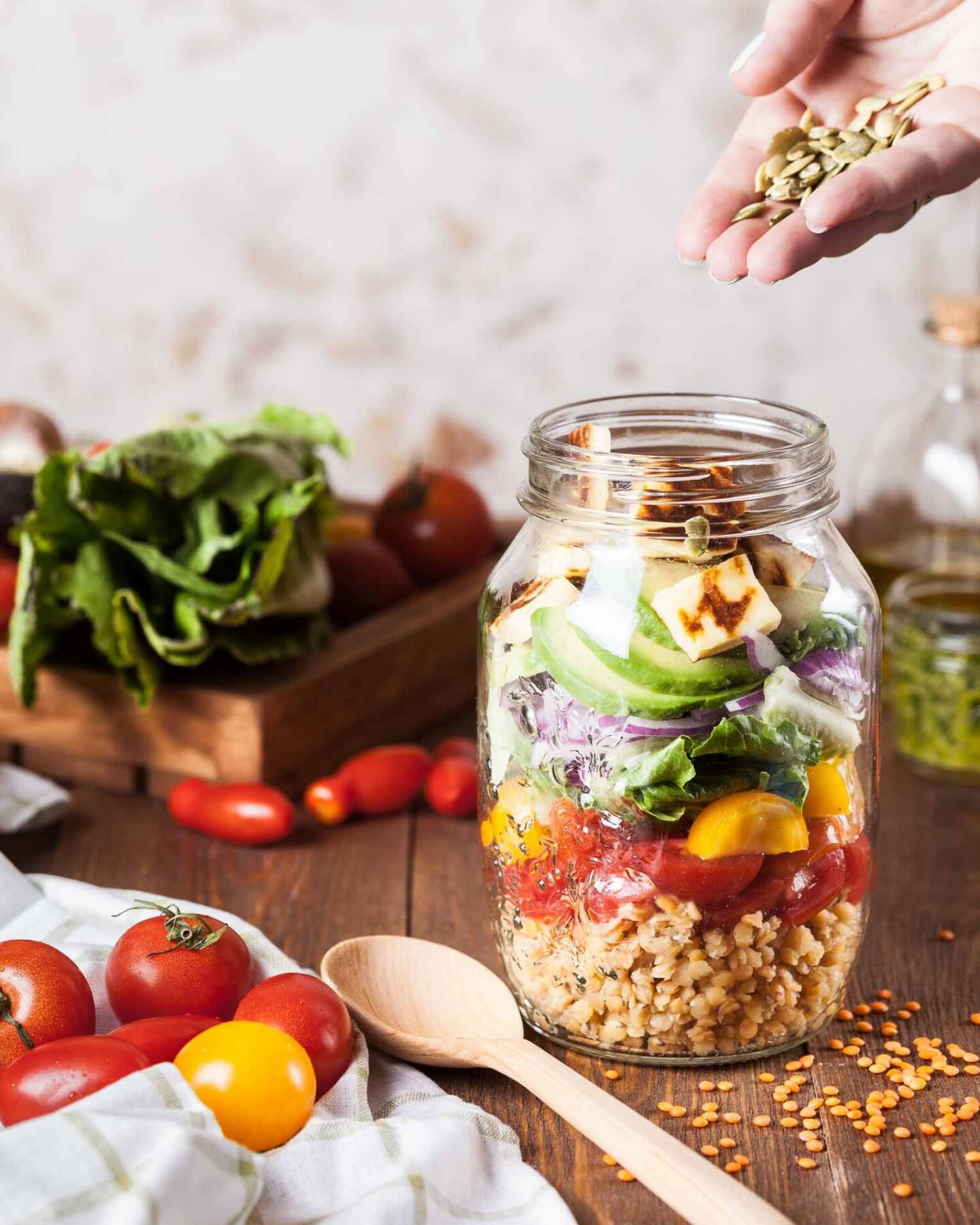 Batch cooking with ingredients and making a salad in a jar.