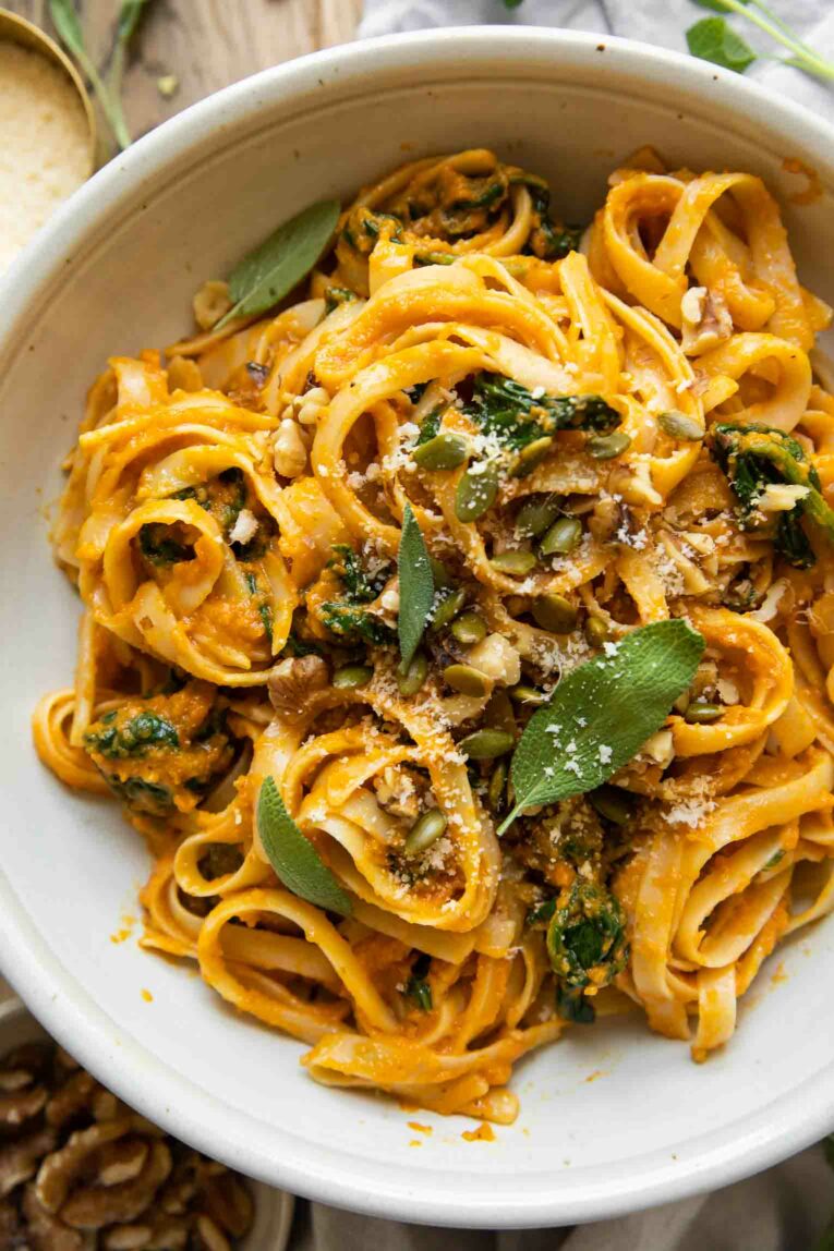 Top shot of creamy pumpkin pasta.