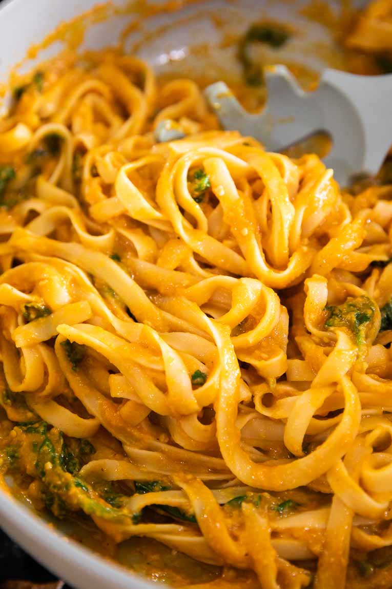 Fettuccine with pumpkin pasta sauce and sage.