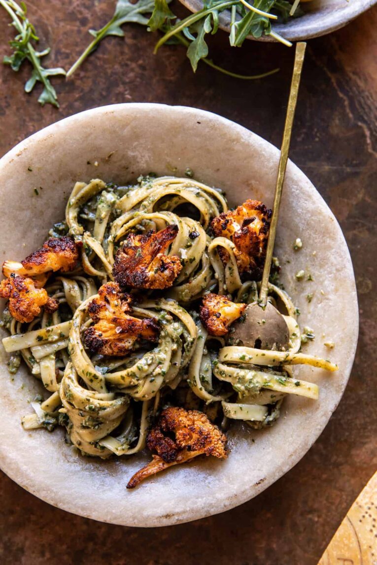 Crispy Roasted Cauliflower Pesto Pasta Recipe