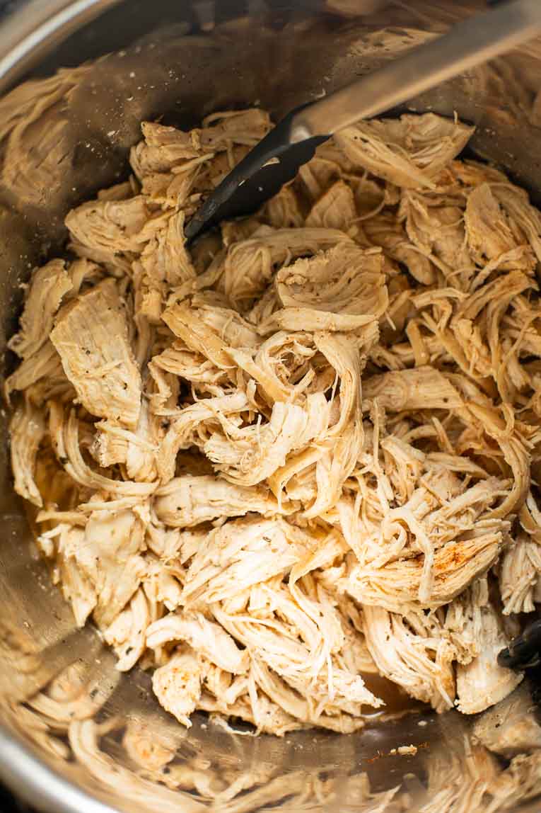 Close up of shredded chicken made in an Instant Pot.