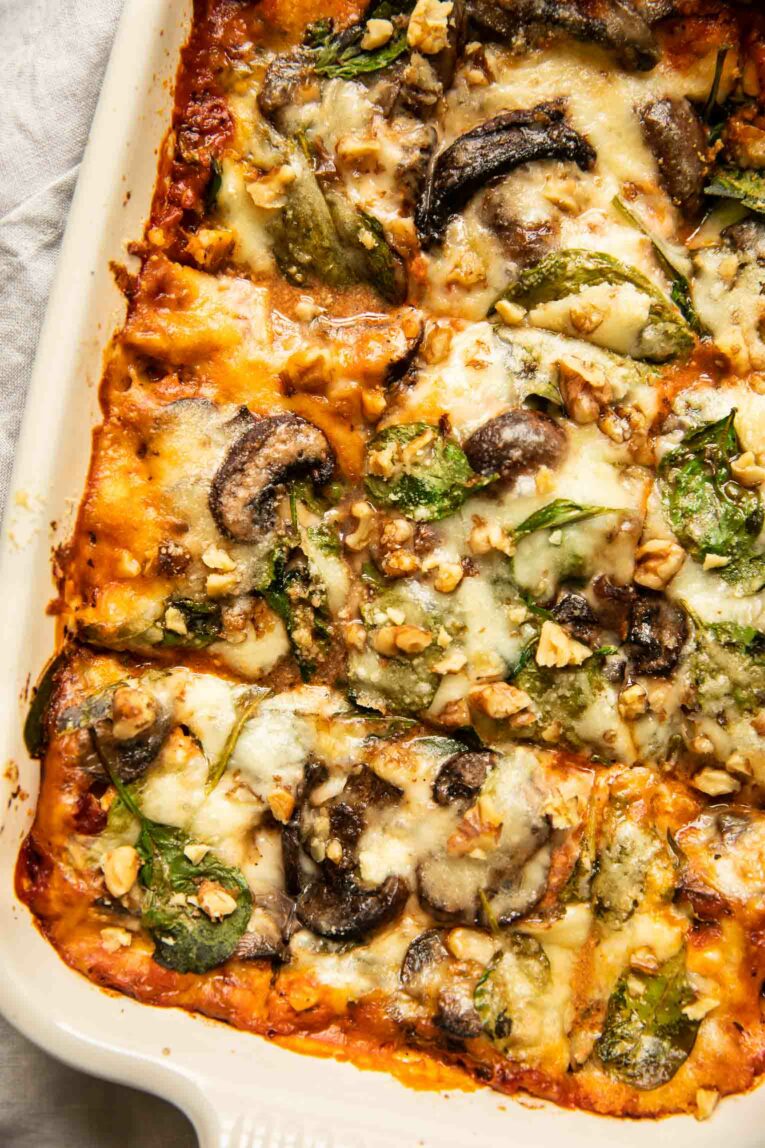 Close up of Spinach & Mushroom Vegetarian Lasagna.