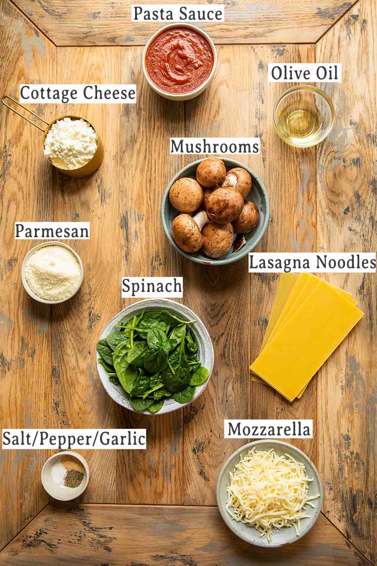 Ingredients for Spinach & Mushroom Vegetarian Lasagna.