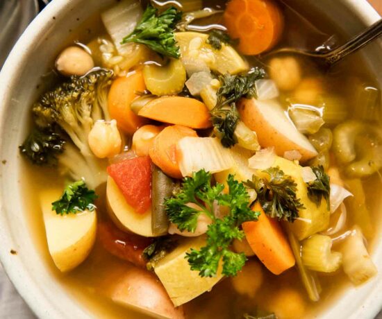 Close up of bowl of vegetable soup.
