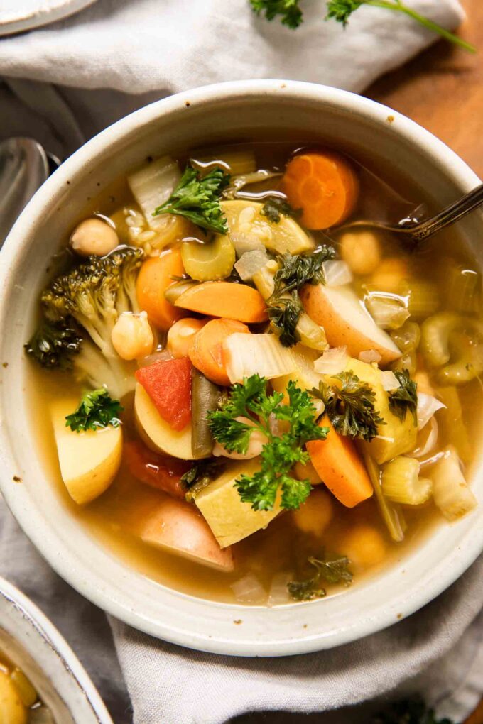 Close up of bowl of vegetable soup.
