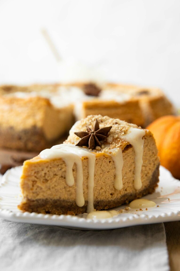 Bourbon Pumpkin Cheesecake on a white plate.