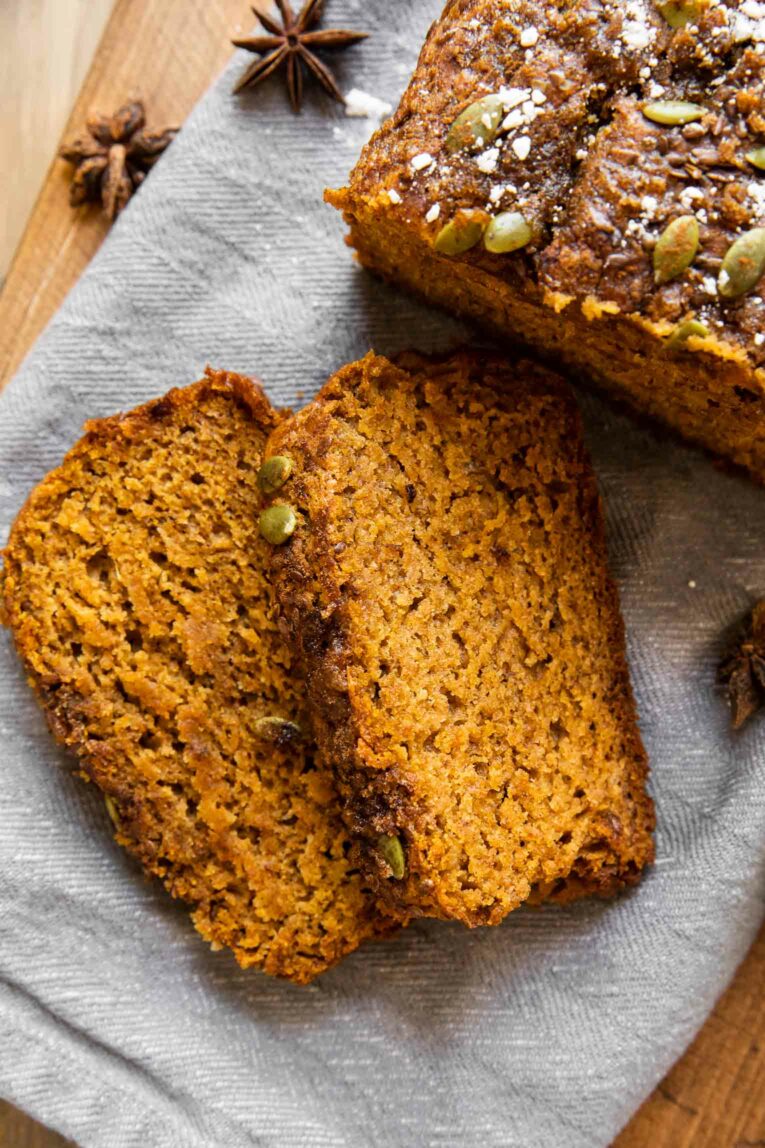 Close up of sliced healthy pumpkin banana bread.