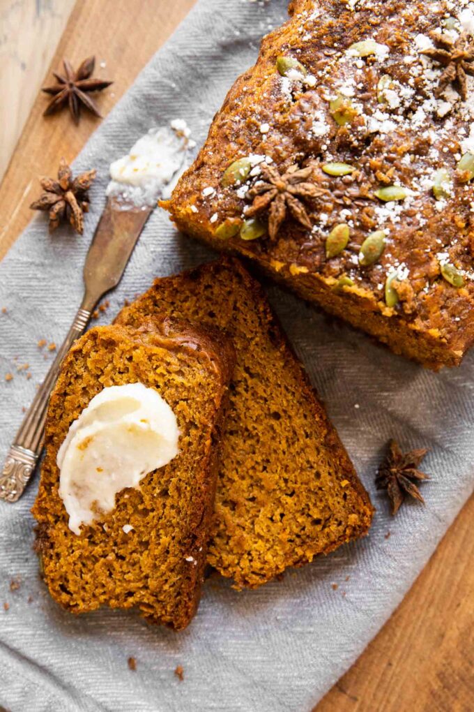 Top shot of healthy pumpkin bread with butter.