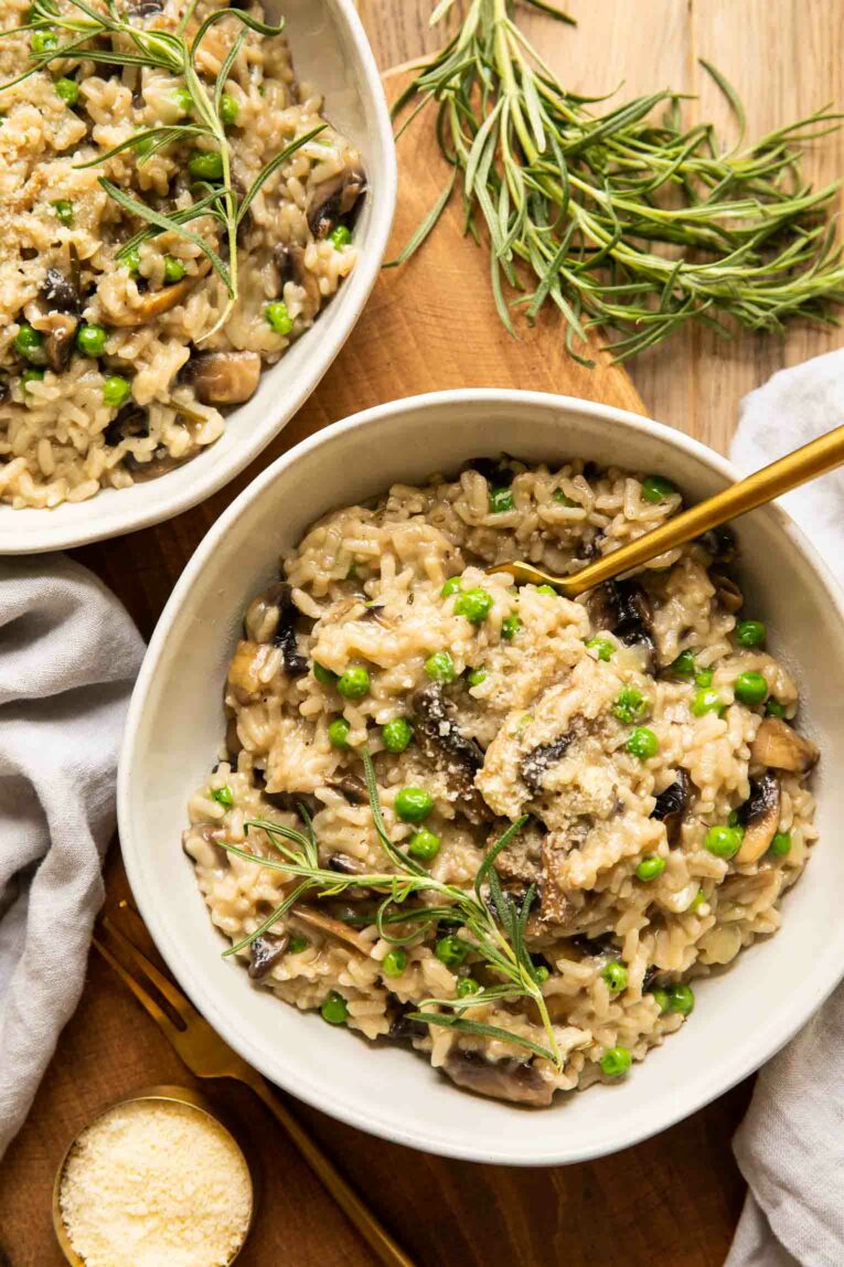 Two bowls of risotto made in the Instant Pot.