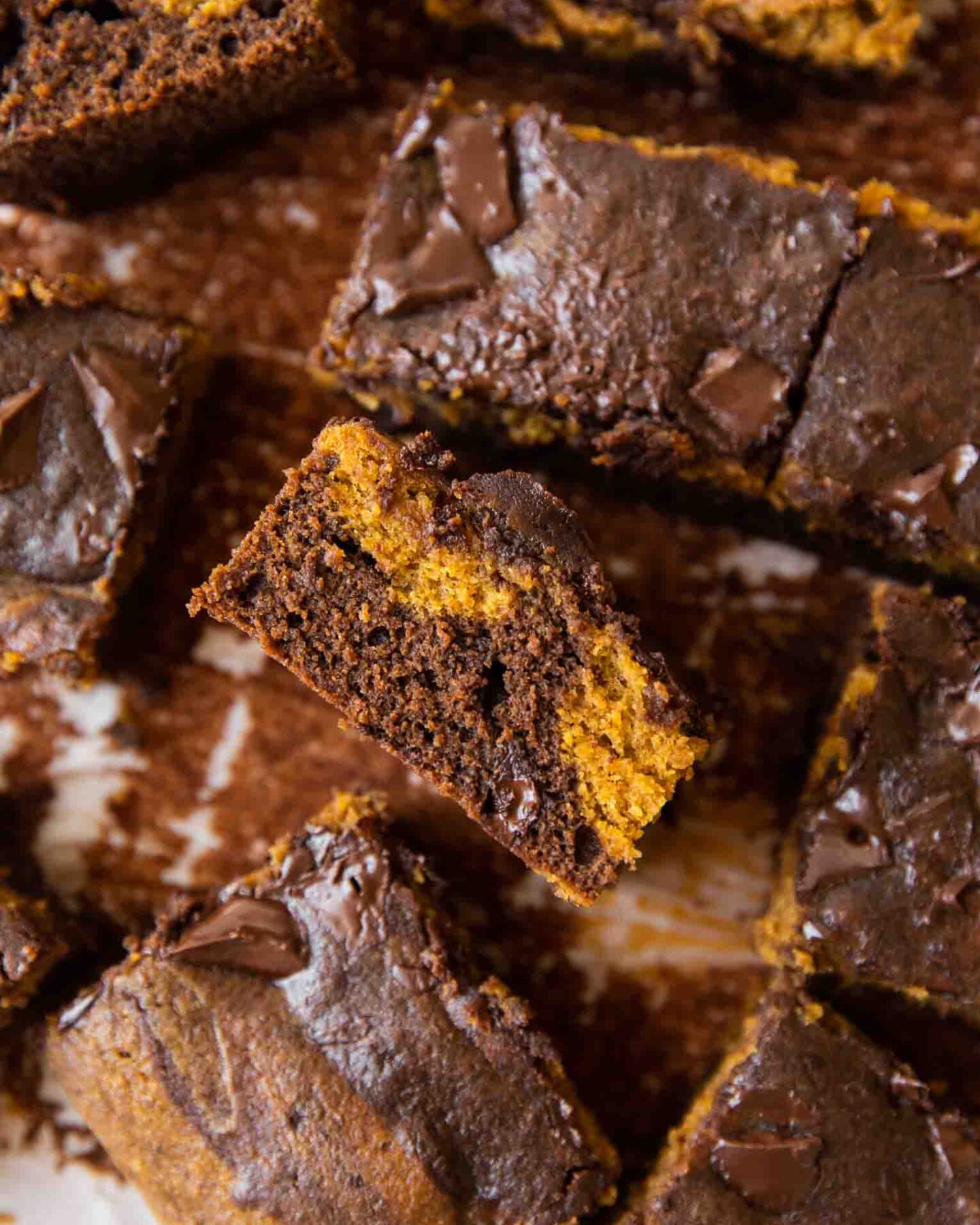 Close up of pumpkin brownies.