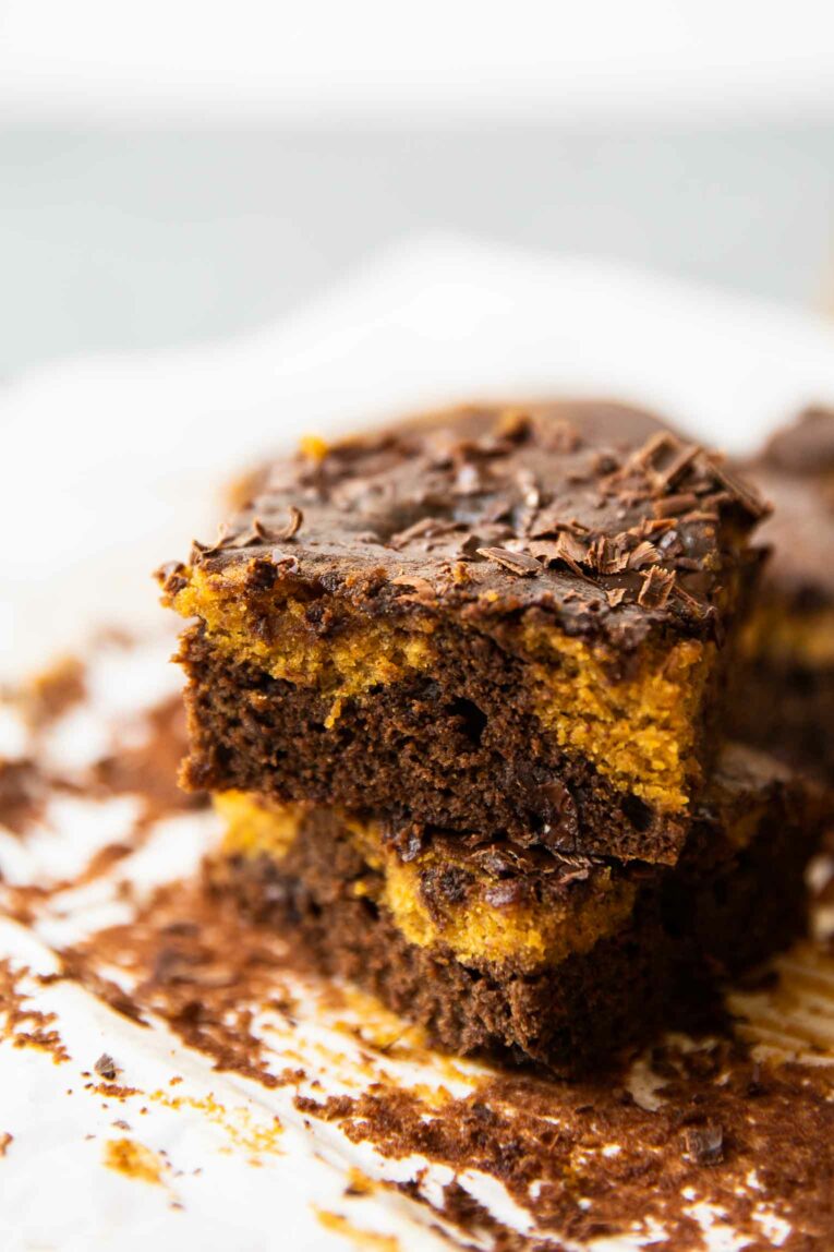Angled shot of pumpkin brownies.