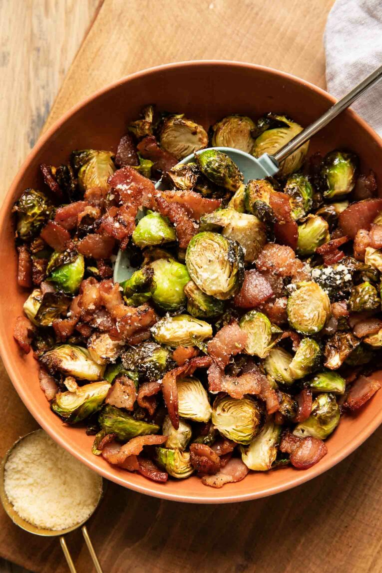 Top shot of Crispy Air Fryer Brussels Sprouts and Bacon.