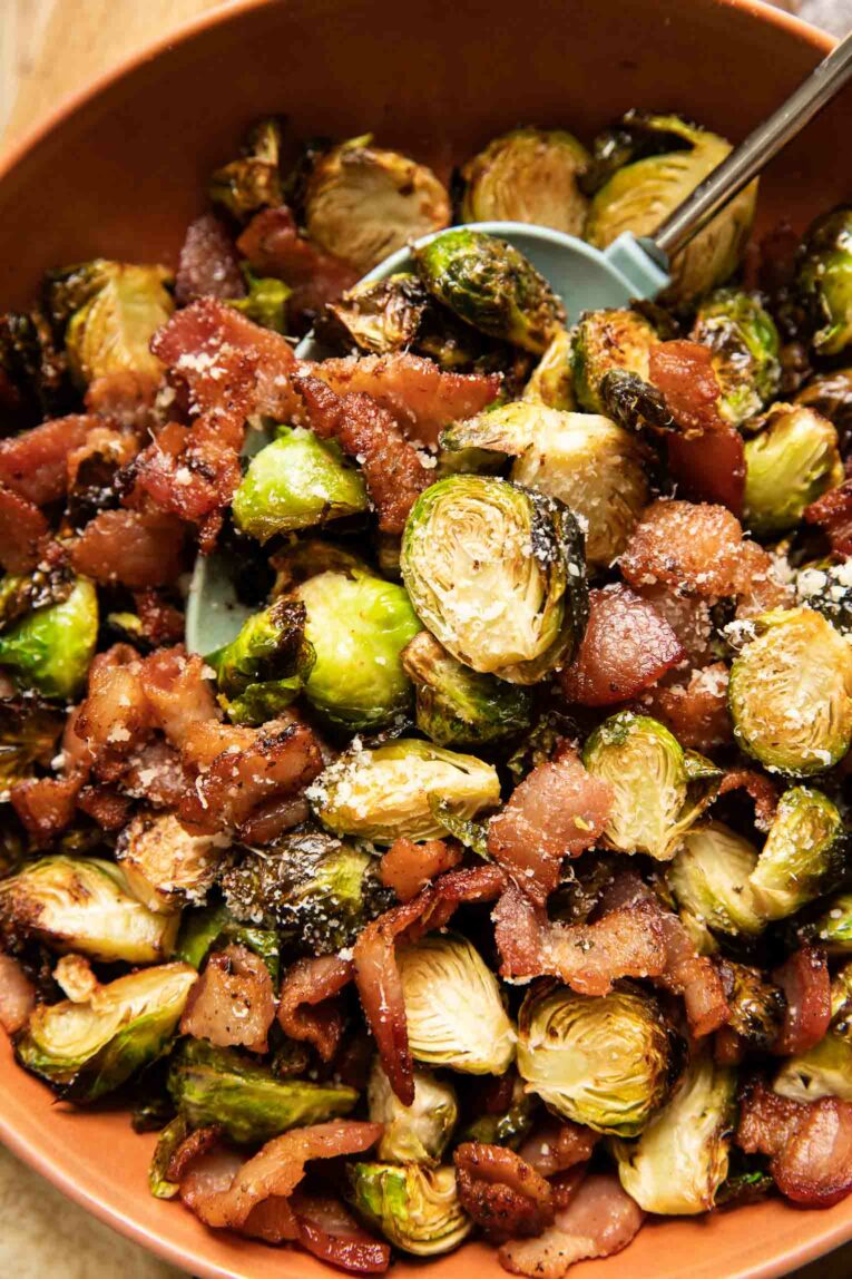 Close up of Air Fryer Crispy Brussels Sprouts & Bacon.