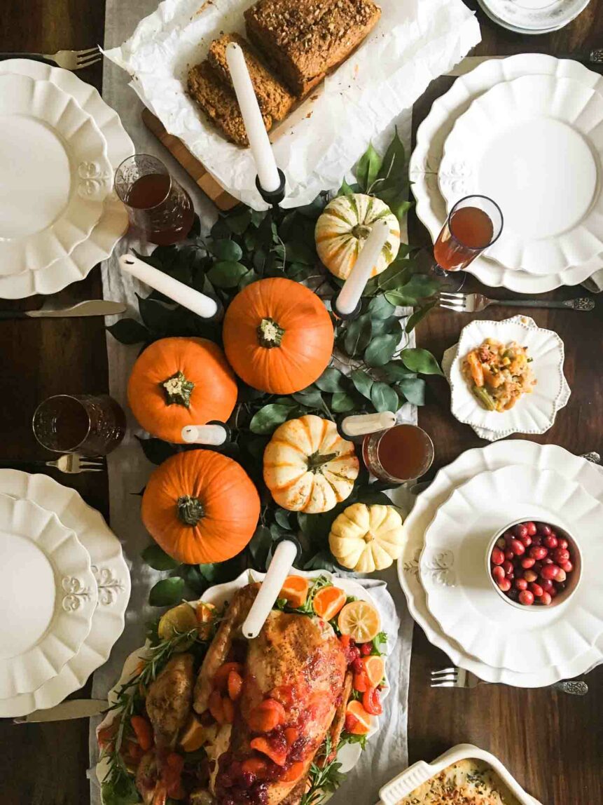Thanksgiving recipes on a beautiful tablescape.