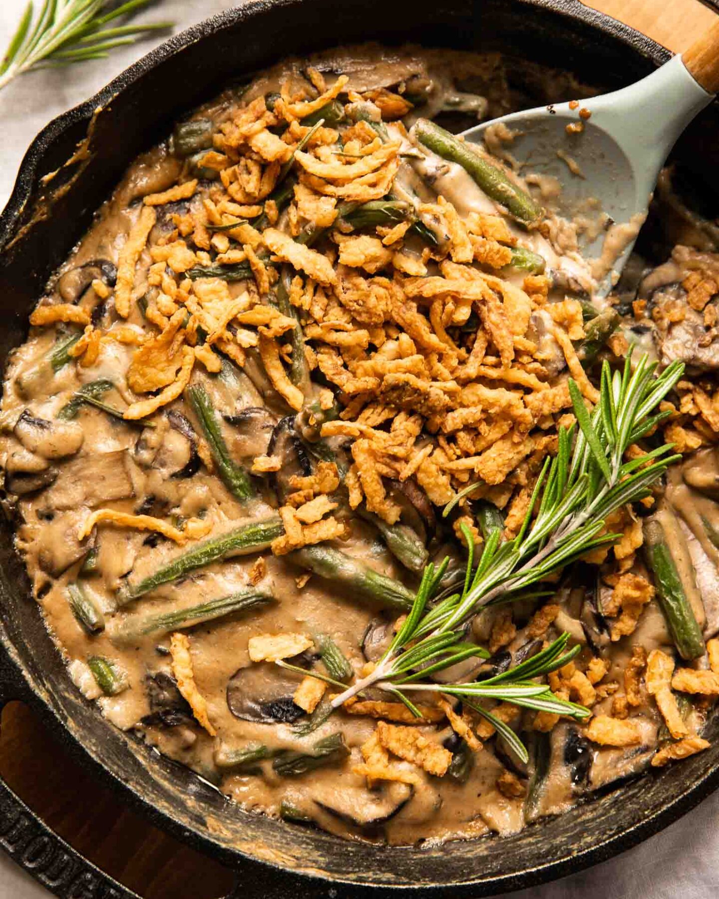 Top shot of the best vegan green bean casserole dish.