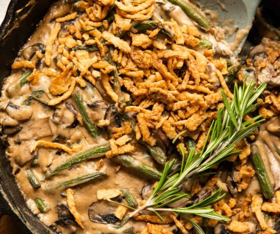Top shot of the best vegan green bean casserole dish.