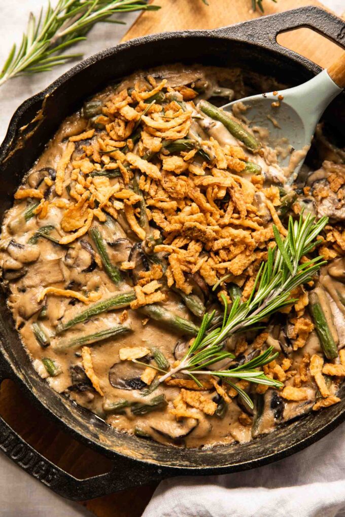 Top shot of the best vegan green bean casserole dish.