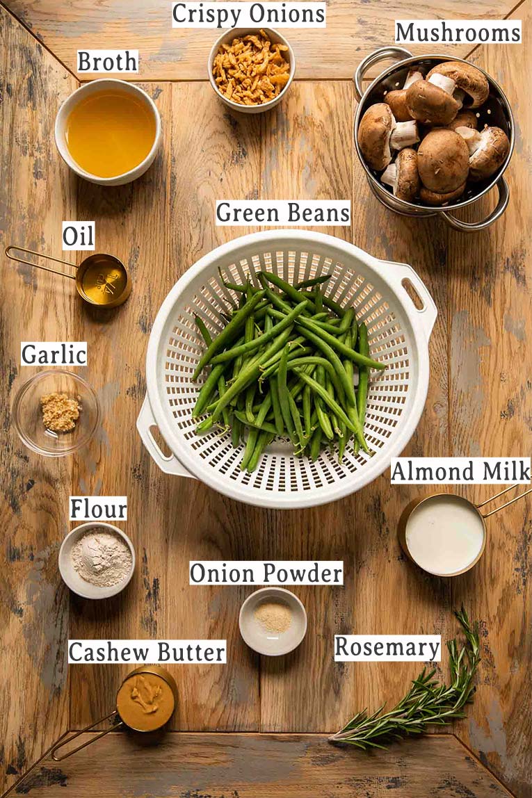 Ingredients for vegan green bean casserole.