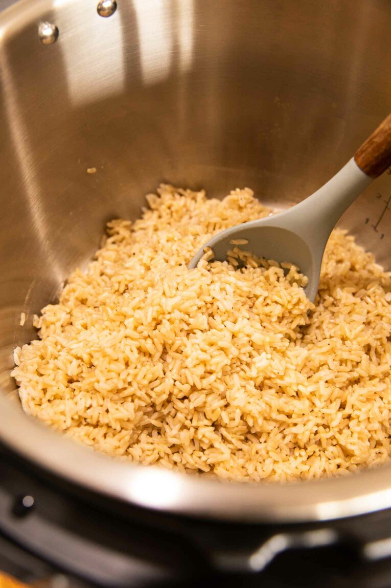 Angled shot of brown rice in an Instant Pot.
