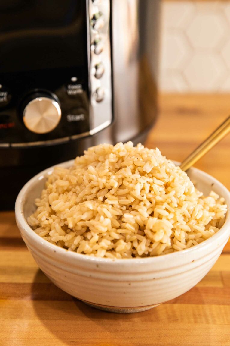 Angled shot of perfectly fluffy cooked brown rice made in an Instant Pot.