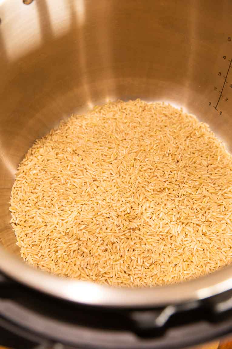Uncooked brown rice in an Instant Pot base.
