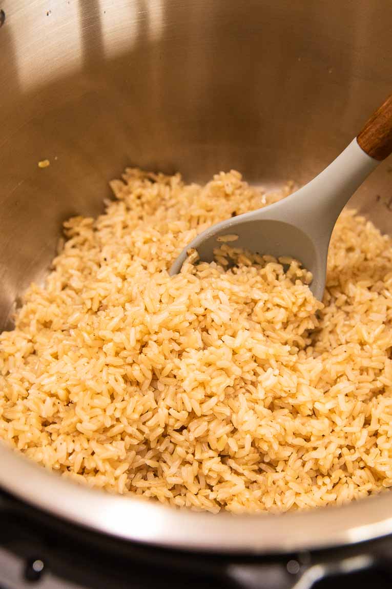 Close up of brown rice being cooked in an Instant Pot.