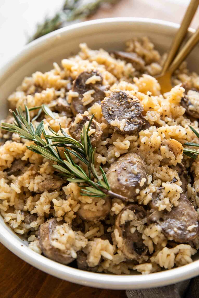 Angled photo of Mushroom rice pilaf.