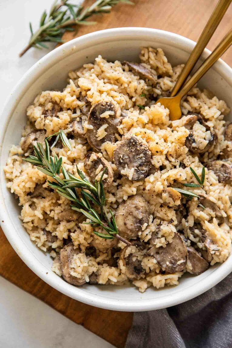 Vegan rice pilaf with mushrooms and rosemary.