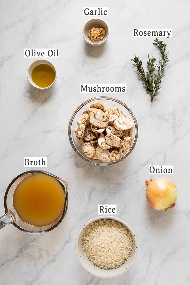 Ingredients for Rosemary Mushroom Rice Pilaf recipe.