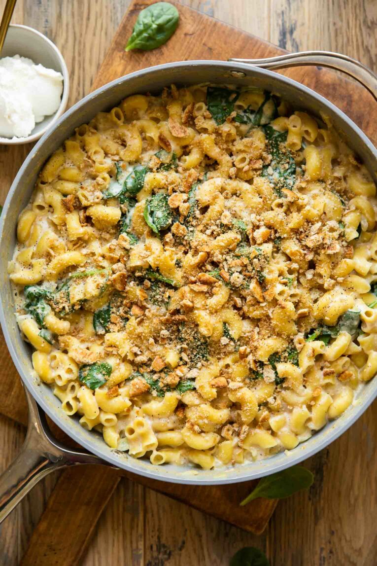 Spinach Ricotta Mac & Cheese in a skillet.